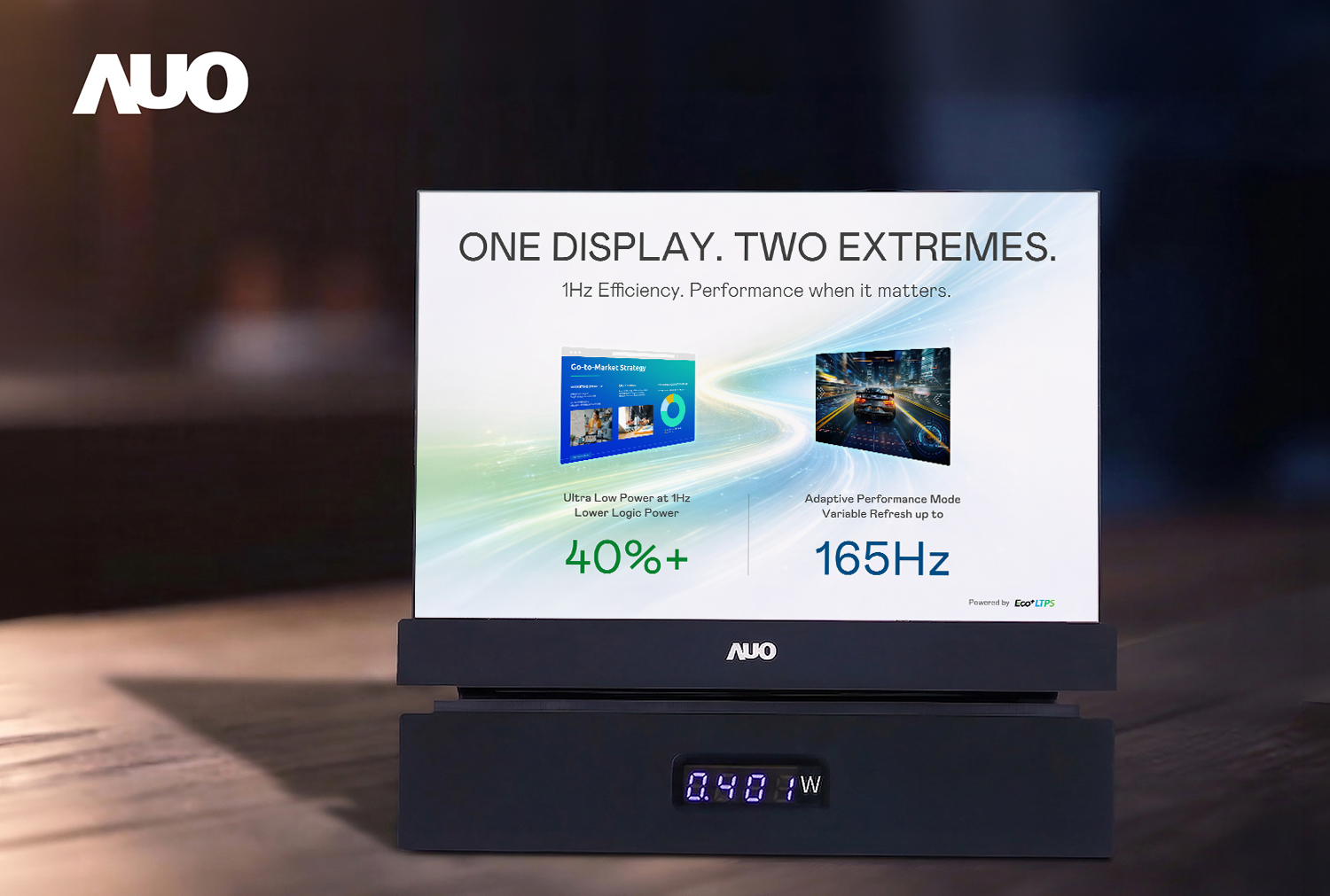 AUO showcases a 16-inch QHD LTPS power-saving laptop panel with ECO+ LTPS technology supports dynamic refresh rates from 1 to 165Hz, reducing power consumption during low-activity operation while maintaining image quality.